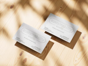 A sustainable-themed business card featuring eco-friendly design elements, earthy colors, and minimalist layout.