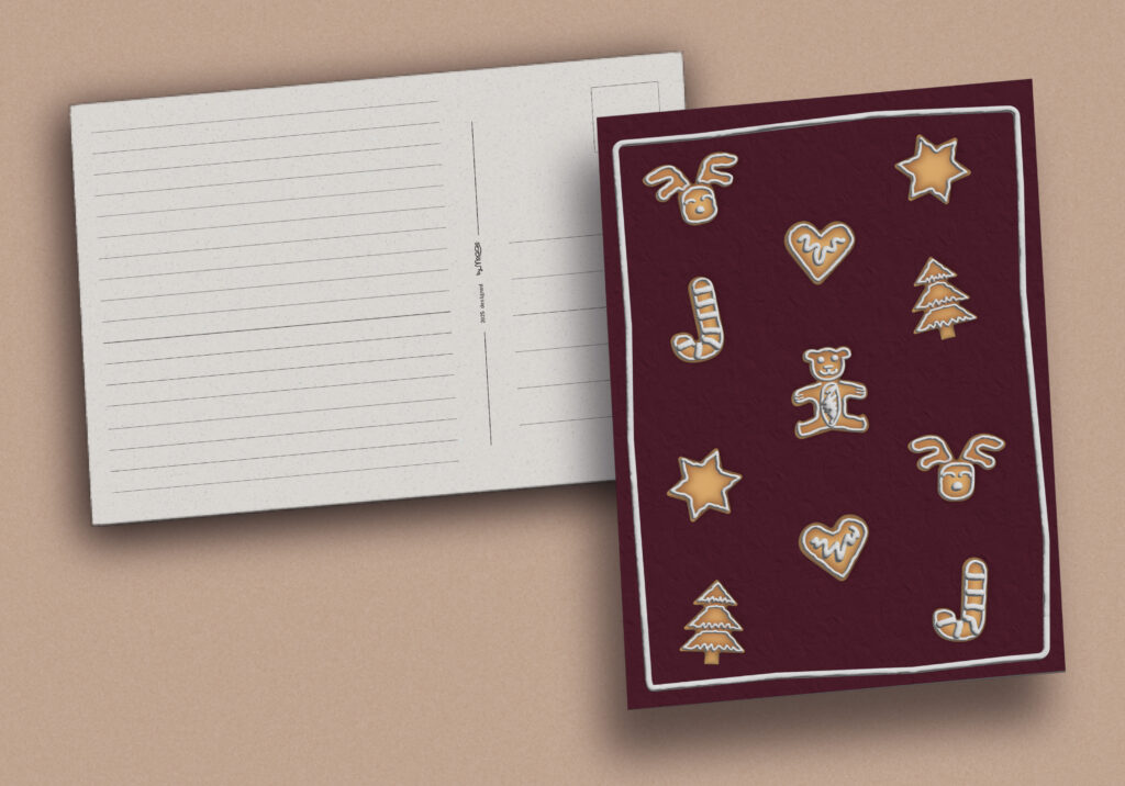 Postcarddesign: A cozy composition of Christmas cookies decorated with delicate white icing, captured in soft light. The close-up photo highlights texture and warmth, evoking the feeling of homemade festive treats.