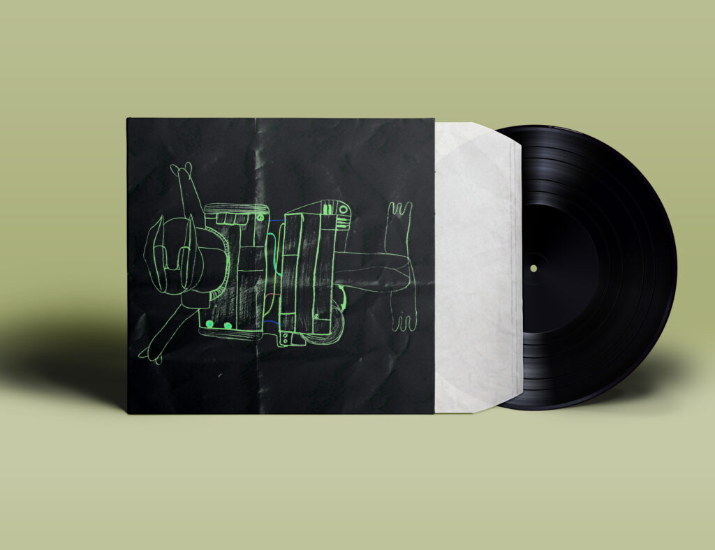 Hand-drawn LP cover illustration featuring a stylized cat figure surrounded by organic shapes and expressive lines, blending illustration and graphic design in an artistic composition.