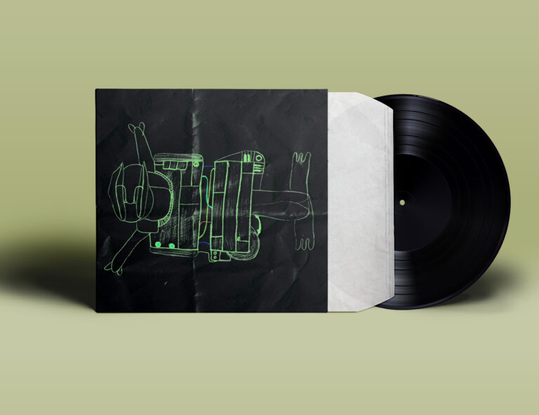 Hand-drawn LP cover illustration featuring a stylized cat figure surrounded by organic shapes and expressive lines, blending illustration and graphic design in an artistic composition.