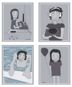 Digital illustration series of four minimalist panels in muted blue and gray tones, each showing stylized human figures in different everyday scenes.