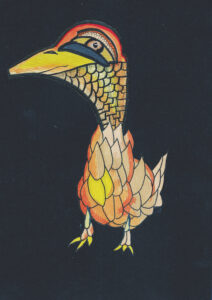 A colorful papercut illustration of a stylized bird with layered scales and feather shapes in yellow, orange, and gold tones, set against a dark background.