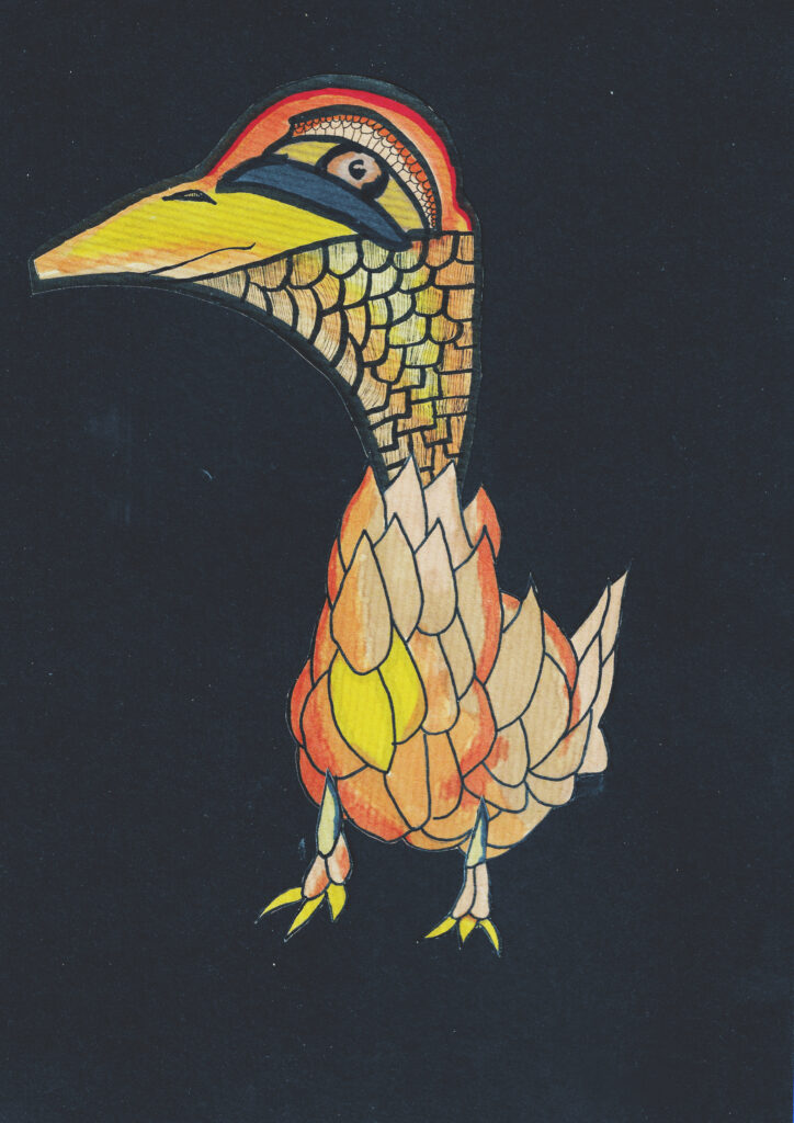 Colorful illustration of a duck made with markers and paper collage, featuring bold outlines and cut paper textures.