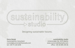 A sustainable-themed business card featuring eco-friendly design elements, earthy colors, and minimalist layout.