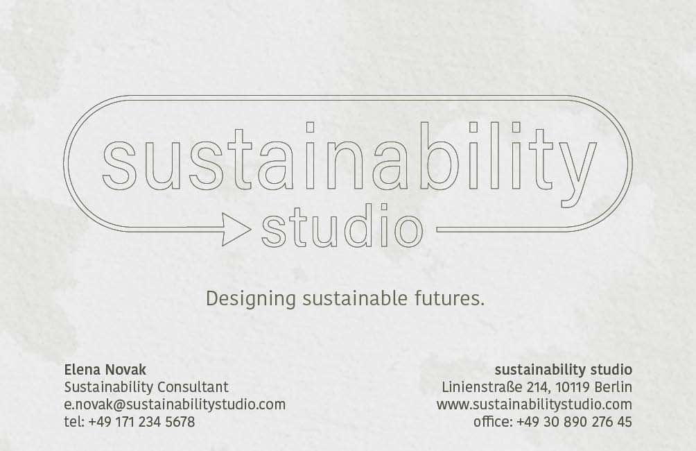 A sustainable-themed business card featuring eco-friendly design elements, earthy colors, and minimalist layout.