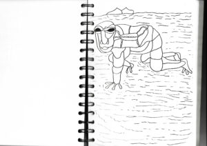 Abstract humanoid figure drawn in black ink lines, crawling on a textured surface with mountains in the background.
