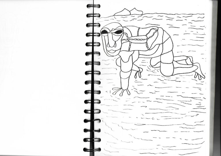 Abstract humanoid figure drawn in black ink lines, crawling on a textured surface with mountains in the background.