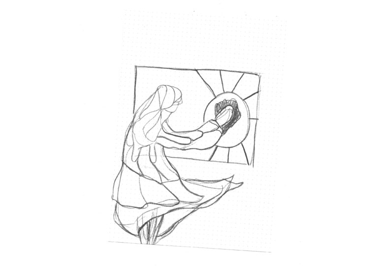 A figure resembling a nun cleans a glass ornament, wearing a flowing dress and headscarf, in a pencil sketch style.