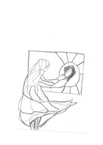 A figure resembling a nun cleans a glass ornament, wearing a flowing dress and headscarf, in a pencil sketch style.