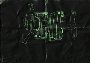 A hand-drawn illustration of a robotic figure outlined in neon green on a dark, textured background.