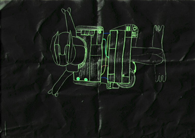A hand-drawn illustration of a robotic figure outlined in neon green on a dark, textured background.