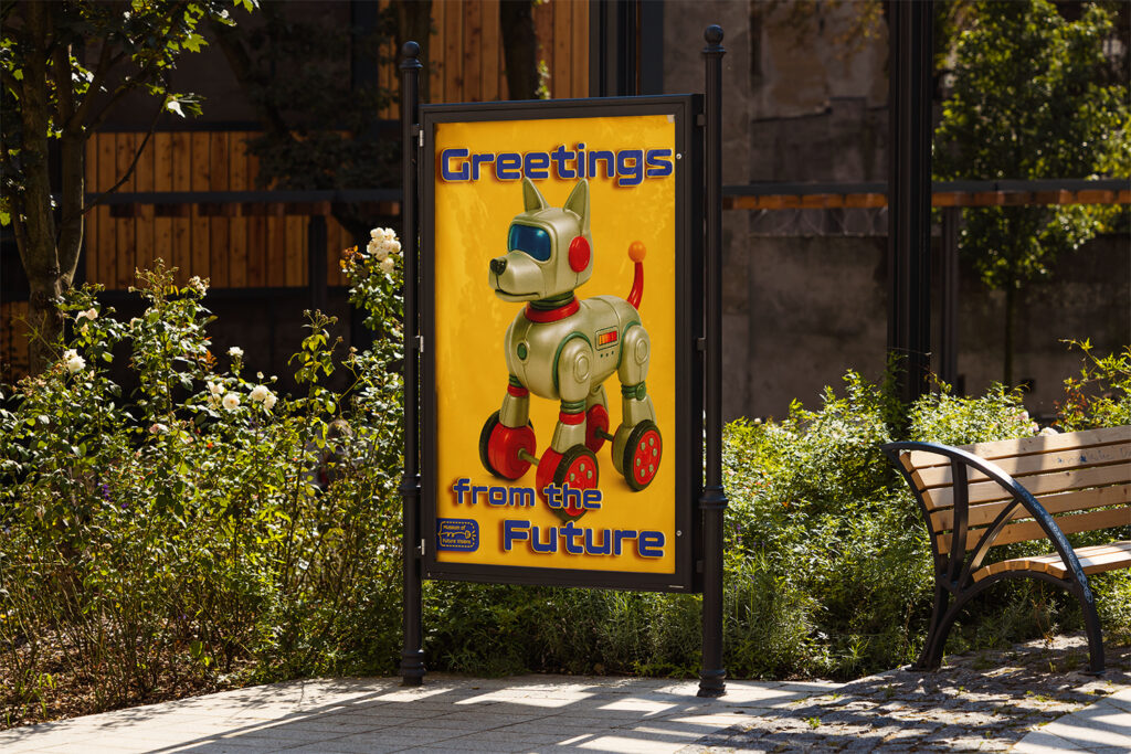 Futuristic toy robot dog on wheels against a bright yellow background, with bold text ‘Greetings from the Future’ above, blending nostalgic toy aesthetics with sci-fi flair.