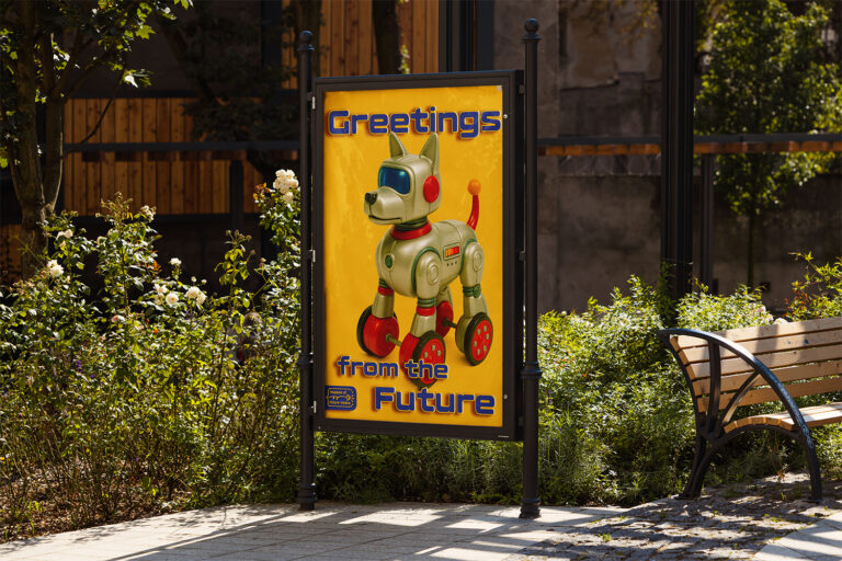 Futuristic toy robot dog on wheels against a bright yellow background, with bold text ‘Greetings from the Future’ above, blending nostalgic toy aesthetics with sci-fi flair.
