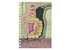 Colorful abstract doodle illustration featuring organic cellular shapes, root-like lines, bright yellow and pink segments, and textured patterns painted with markers and ink on paper