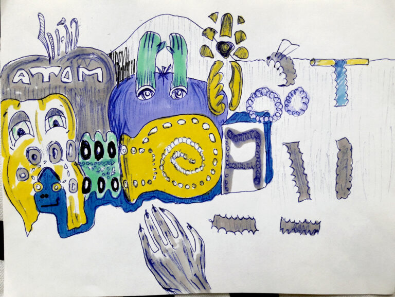 A colorful hand-drawn doodle featuring abstract faces, organic shapes, spirals, and textured patterns in yellow, blue, green, and grey.