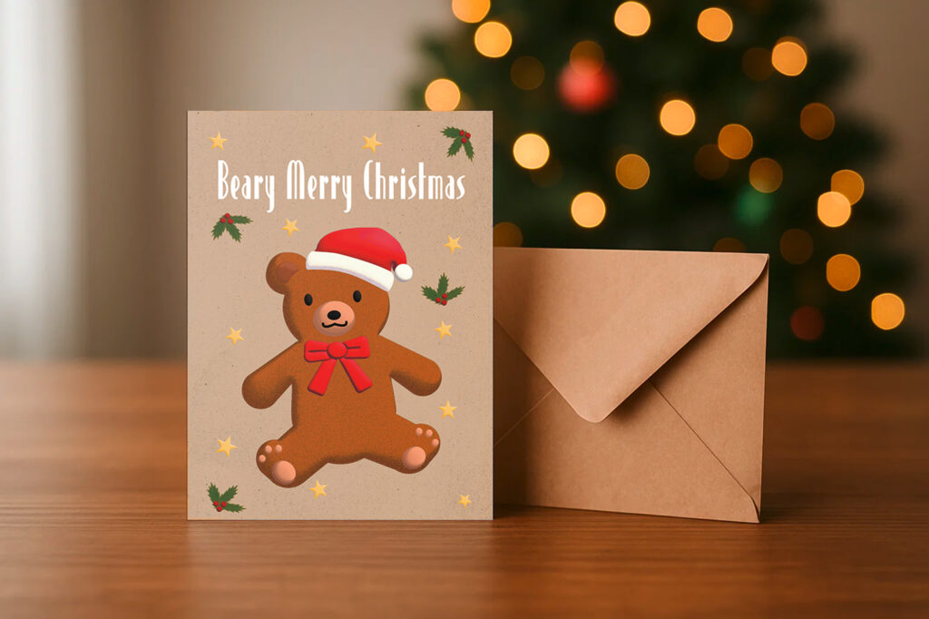 A Christmas greeting card featuring a cute teddy bear wearing a Santa hat and red bow, accompanied by festive holly and stars.