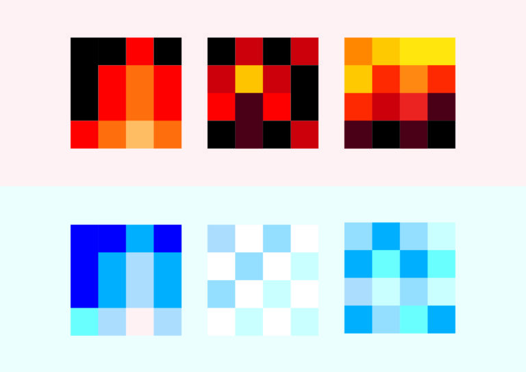Abstract grid illustration contrasting warm and cool color palettes, symbolizing emotion and reason.