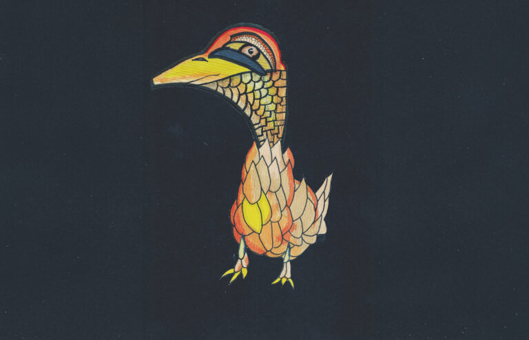 A colorful papercut illustration of a stylized bird with layered scales and feather shapes in yellow, orange, and gold tones, set against a dark background.