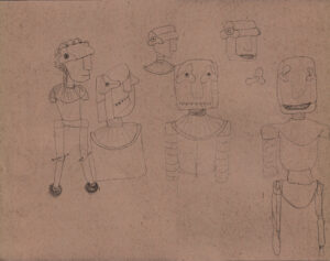 Pencil sketch of stylized robot characters drawn on textured brown paper, featuring multiple mechanical heads and torsos in a whimsical, hand-drawn style