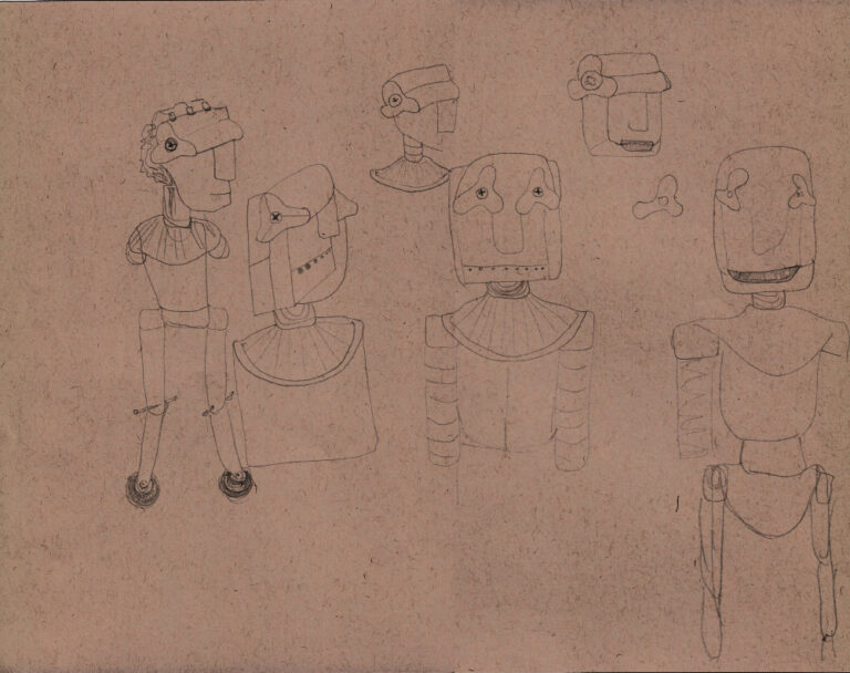 Pencil sketch of stylized robot characters drawn on textured brown paper, featuring multiple mechanical heads and torsos in a whimsical, hand-drawn style