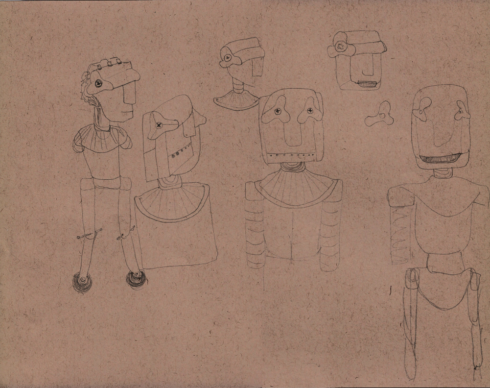Pencil sketch of stylized robot characters drawn on textured brown paper, featuring multiple mechanical heads and torsos in a whimsical, hand-drawn style