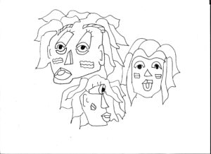 3 stylized expressive lineart characters