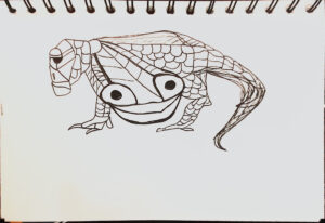 Black ink doodle of a whimsical reptile-like creature with large round eyes, segmented scales and a long textured tail, drawn in bold lineart style on white paper