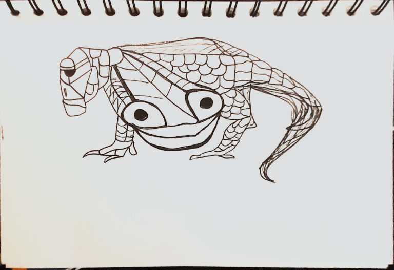 Black ink doodle of a whimsical reptile-like creature with large round eyes, segmented scales and a long textured tail, drawn in bold lineart style on white paper