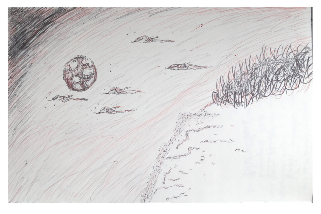 Pen drawn doodle of a foreign planet and structures and flying animals.