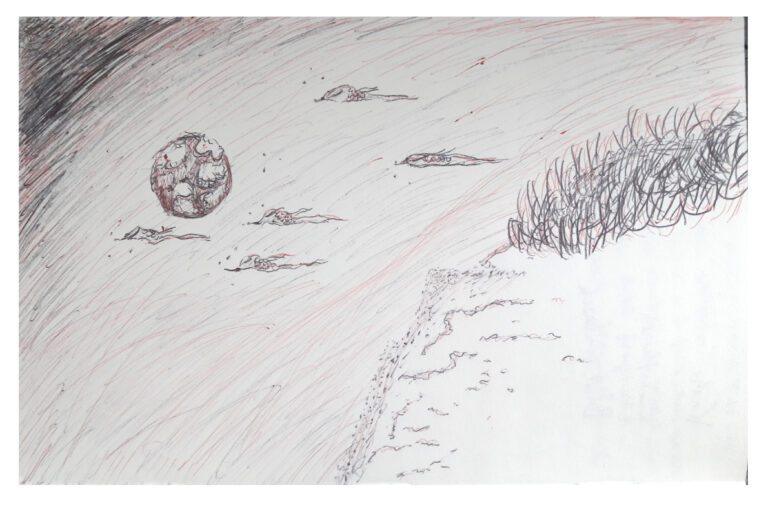 Pen drawn doodle of a foreign planet and structures and flying animals.