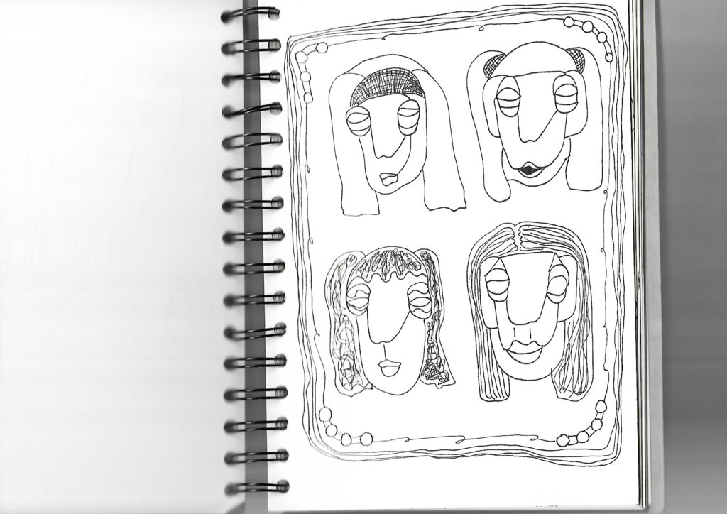 Sketchbook doodle lineart of 4 feminine looking persons framed with a quirky outline