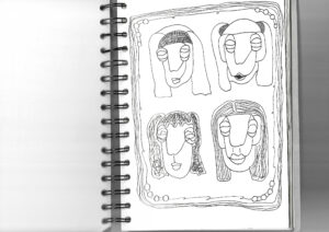 Sketchbook doodle lineart of 4 feminine looking persons framed with a quirky outline