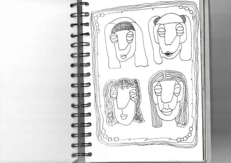 Sketchbook doodle lineart of 4 feminine looking persons framed with a quirky outline