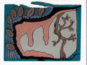 Vibrant doodle of gummy like dripstones and a sakura tree inside a blue cavelike structure with embedded stylized mollusc.