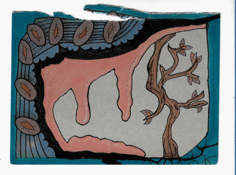 Vibrant doodle of gummy like dripstones and a sakura tree inside a blue cavelike structure with embedded stylized mollusc.