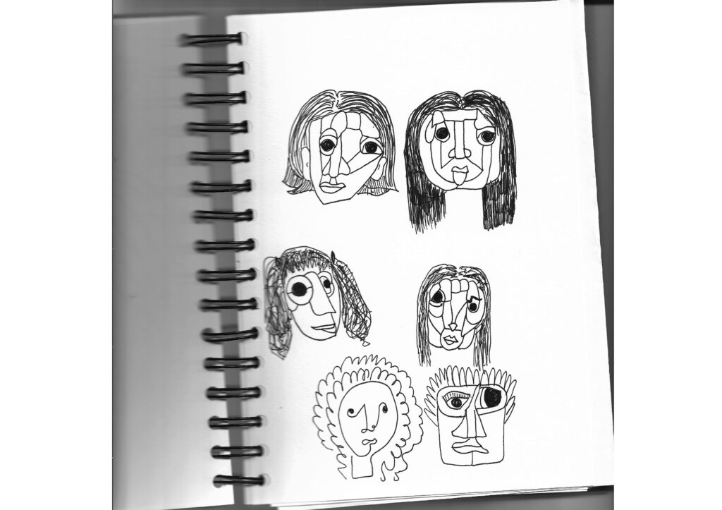 Doodle of heads in an abstracts, cartoonish style