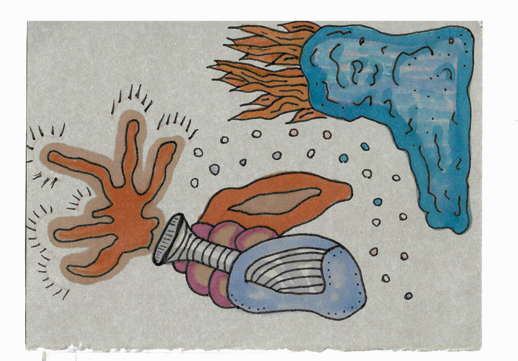 A vibrant underwater themed doodle with black outlines showing corals, abstract underwater creatures and water bubbles.