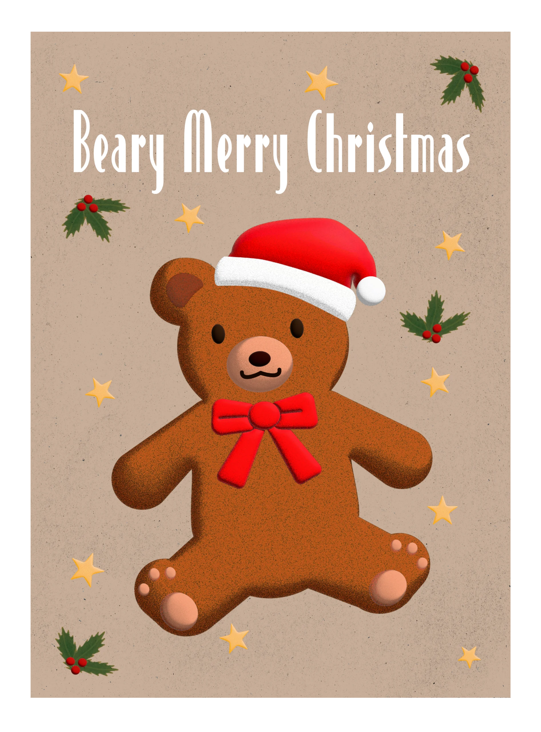 A Christmas greeting card featuring a cute teddy bear wearing a Santa hat and red bow, accompanied by festive holly and stars.