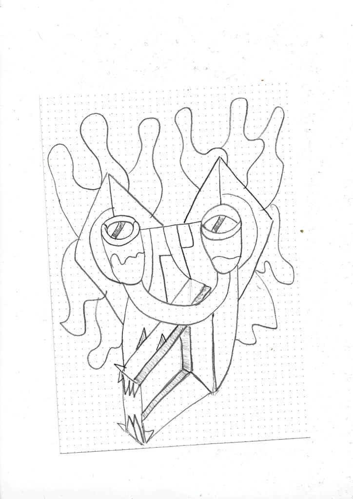 Abstract seaweed monster (portrait) drawn in pencil