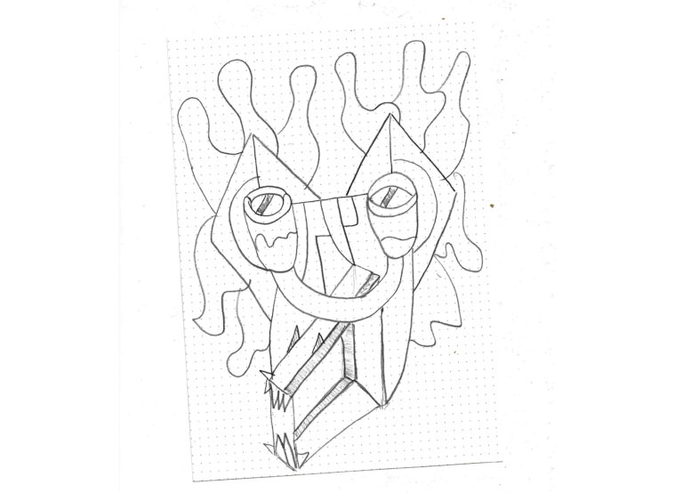 Abstract seaweed monster (portrait) drawn in pencil
