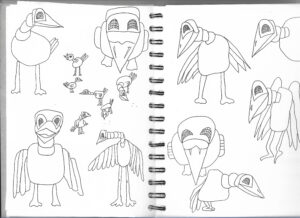 Black marker doodle illustration of multiple stylized bird-like creatures with geometric heads, long legs and simplified bodies, drawn across two sketchbook pages