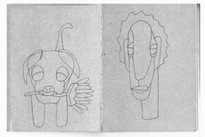 Minimalist line sketch showing two abstract figures drawn with a very thin pen on grey paper, one dog-like character with expressive gestures and one elongated human-like face.