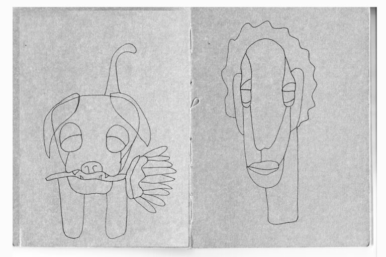 Minimalist line sketch showing two abstract figures drawn with a very thin pen on grey paper, one dog-like character with expressive gestures and one elongated human-like face.