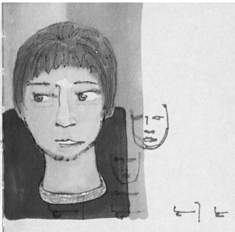 Black and white marker sketch of a stylized human portrait with short hair and a neutral expression, drawn in grayscale with soft shading and visible sketch lines.