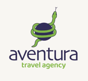 Logo Travel Agency Aventura with a vibrant green snake winding around the world globe