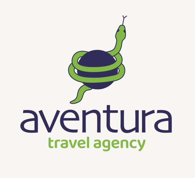 Logo Travel Agency Aventura with a vibrant green snake winding around the world globe
