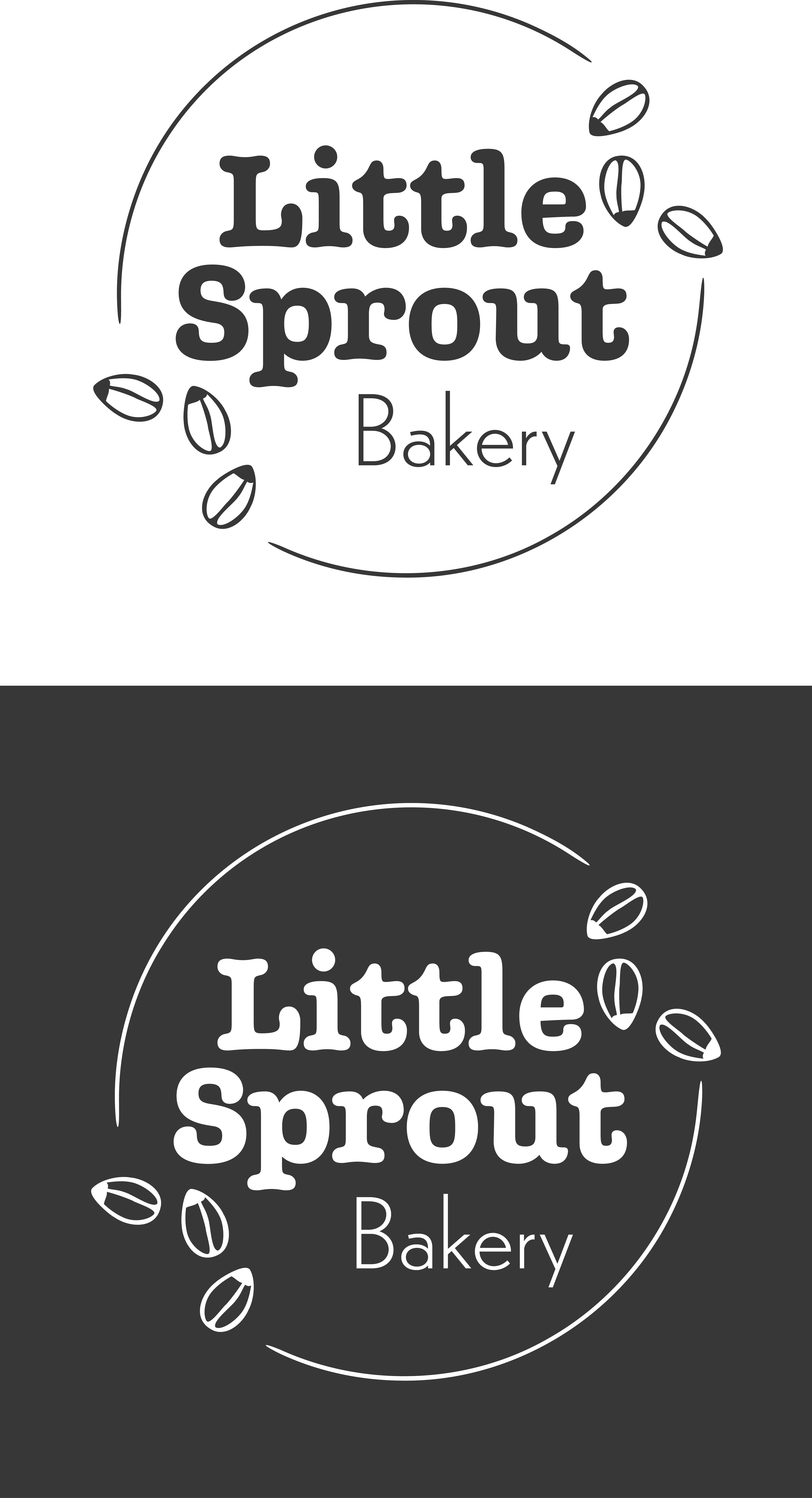 Logo der Little Sprout Bakery in Weiß auf dunkelgrauem Grund, umschlossen von einem unterbrochenen Kreis und stilisierten Getreidekörnern.